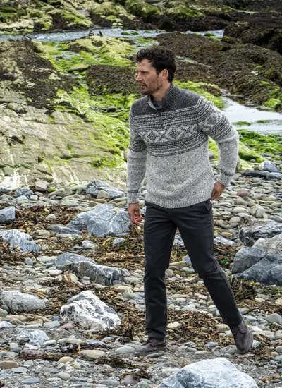 Fisherman Zip Neck Sweater With Jacquard Pattern